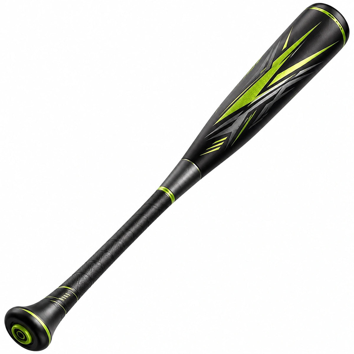 Bate de béisbol negro y verde con diseño aerodinámico