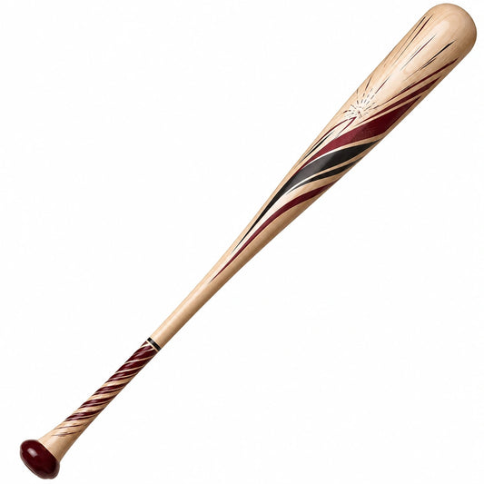 Bate de béisbol decorativo en madera con diseño rojo y negro