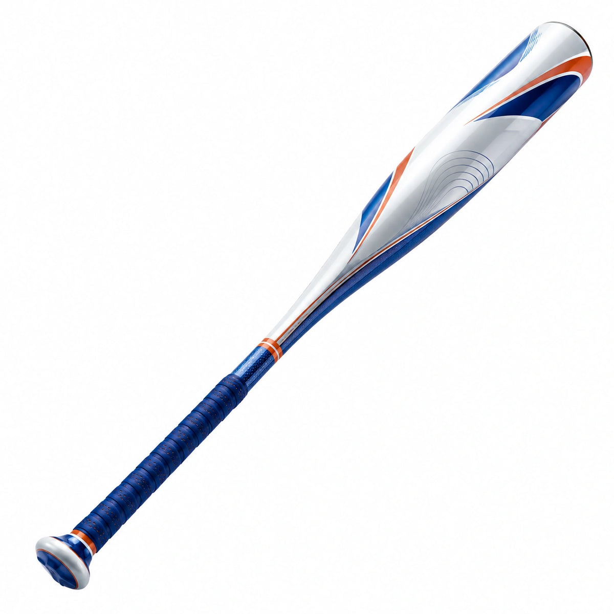 Bate de béisbol blanco con detalles azul y naranja